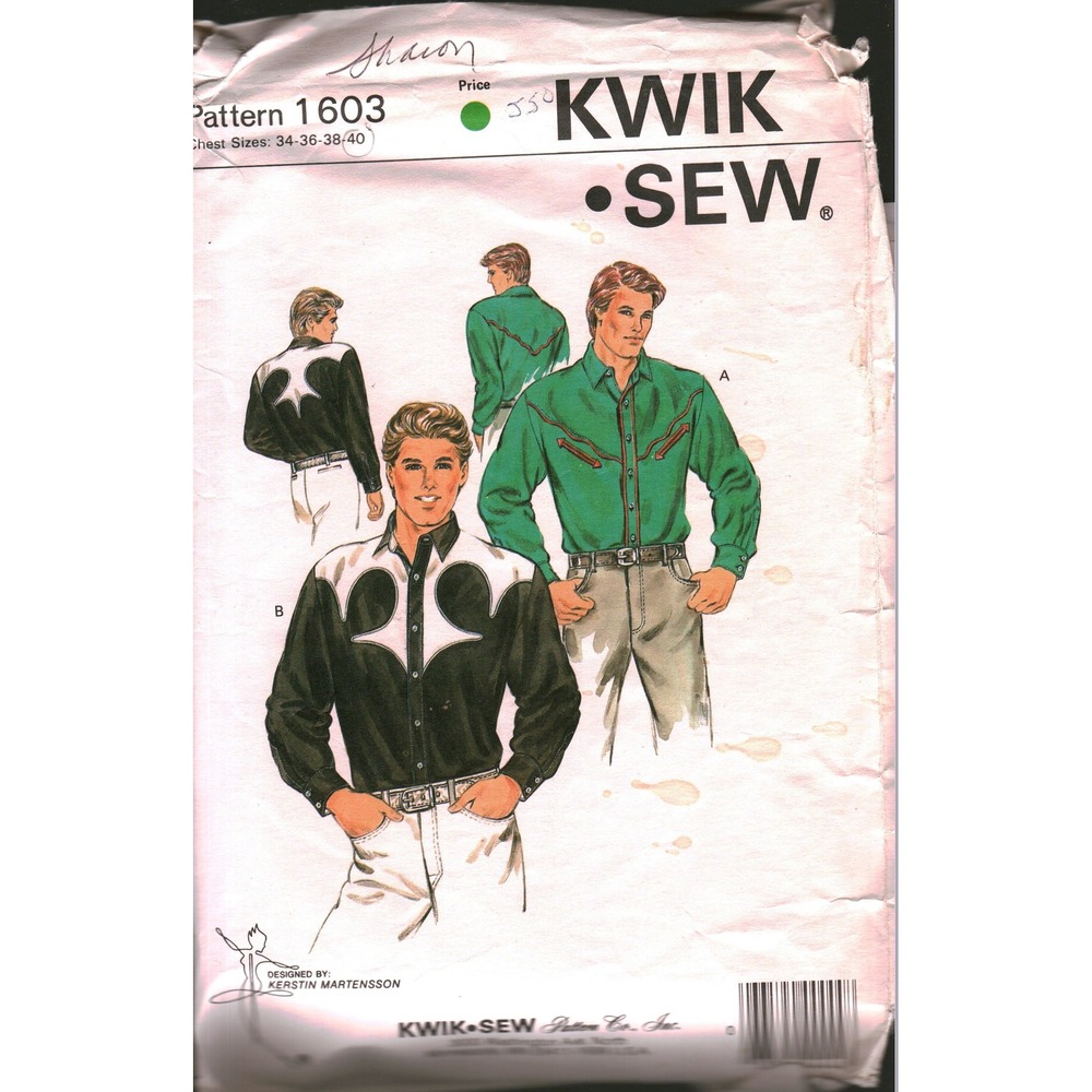 Vintage Kwik Sew 1603 Mens Western Shirt Sewing Pattern Chest 34-40 Retro Cowboy